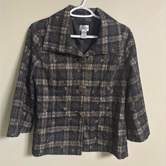 CHICO'S Jacket Size 0 Small Lacey Plaid Jacket Black 3/4 Sleeves - Picture 1 of 8